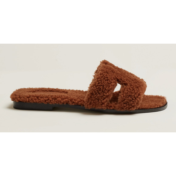 Hermes Oran Teddy Shearling Fur Brown H Logo Slide Sandal Mule Flat Flip Flop 38 - Picture 5 of 12